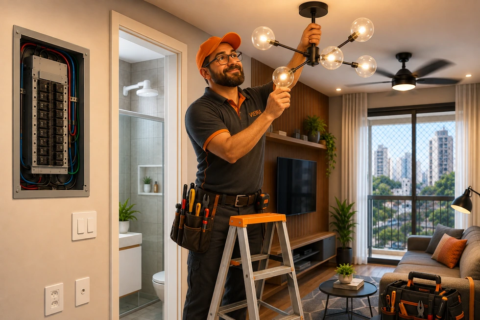 Vieira instalando lustre em sala com ventilador de teto, quadro de disjuntores aberto e chuveiro elétrico ao fundo